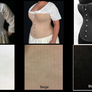 May include: Three corsets in different colours: white, beige, and black. The corsets are made of a smooth fabric and have a classic design with boning and lacing.