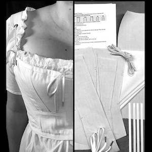 May include: A black and white image of a Regency Short Stays Corset Making Kit by Lizzie. The kit includes fabric, boning, lacing, eyelets, and instructions. The kit is shown next to a finished corset.