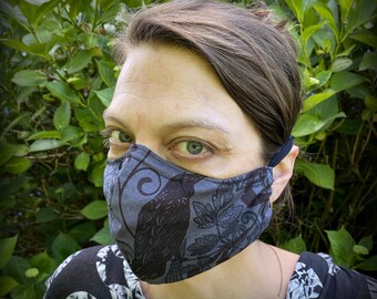 Gothic Crows Skulls and Lace, Spider black grey Mask with pocket and filter,shaped, Adult unisex, 2 layer 100% cotton,nose wire,washable