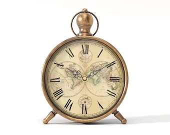 Vintage Design Office Desk Clock, Roman Numerals Metal Table Clock, Battery Operated Unique Timepiece