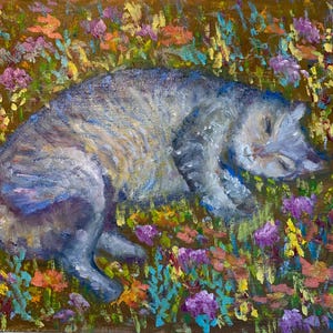 Chat dans un pré II - chat, peinture oeuvre d'art originale peinture à l'huile peinture impressionniste art original décoration murale tableau lumineux cadeau maison