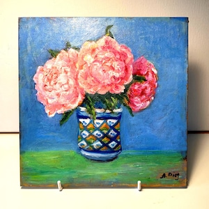 Dipinto ad olio di peonie rosa: natura morta in vaso spagnolo
