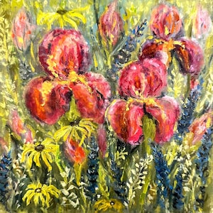 オリジナルアイリス油絵：抽象的な花の芸術、8x8インチのインパストアートワーク