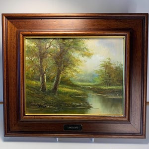 Paisaje original de arte vintage, pintura al óleo firmada y enmarcada, decoración de pared, cuadro colgante, pintura vintage, obra de arte de la naturaleza