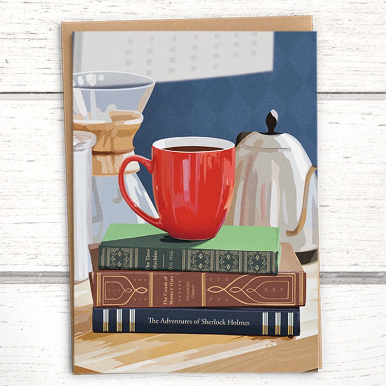 Red Mug Coffee Card for book lovers. Birthday card for image 0