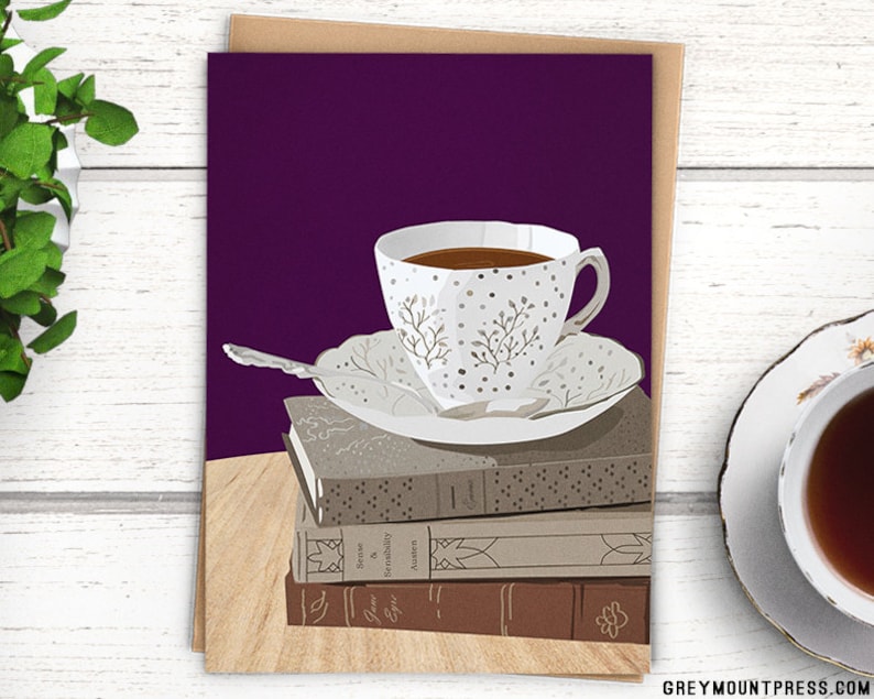 Purple Teacup Card for book lovers. Birthday card for image 0