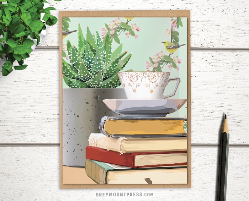 Succulent Teacup Card. Birthday card for bookworm tea lover image 0
