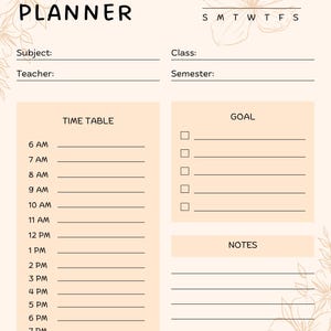 Op de afbeelding: Een dagelijkse studieplanner-sjabloon op een licht perzikkleurige achtergrond met florale lijntekeningen. Het bevat secties voor datum, onderwerp, klas, docent, semester, een tijdschema van 6 tot 20 uur, een doelenlijst en een notitiegedeelte.