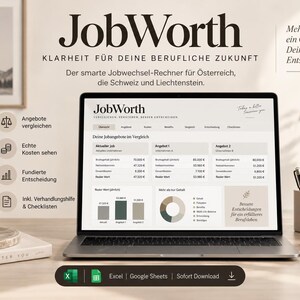May include: A laptop displaying the JobWorth website, a job offer comparison tool. The screen shows financial data, charts, and tables comparing job offers. The interface includes text in German, with icons for comparing offers, costs, and checklists.