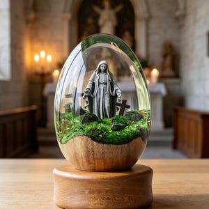 Terrario de resina con forma de huevo religioso sagrado, mini paisaje con estatua católica hecha a mano, regalo conmemorativo de condolencia, decoración para mesa de oración.