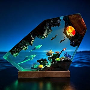 以下が含まれることがあります： 2頭のイルカ、ウミガメ、2人のスキューバダイバーが描かれた台形型の樹脂製ランプ。暗い岩層、光るオレンジ色の光源、そして木製の台座の上に配置された色鮮やかな水生植物が特徴的なインテリアオブジェです。