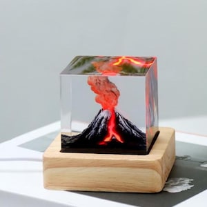 Volcano Resin Night Light,Jurassic Volcano Epoxy Resin Lamp,Handmade Cube Personalized Night Light for Boy,Resin Birthday Gifts for He