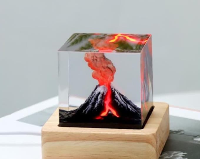 Volcano Resin Night Light,Jurassic Volcano Epoxy Resin Lamp,Handmade Cube Personalized Night Light for Boy,Resin Birthday Gifts for He