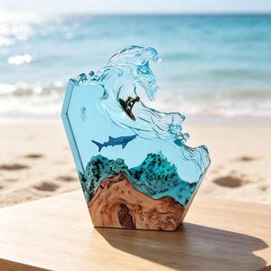 Op de afbeelding: Een decoratief beeld van hars en hout met een doorschijnende blauwe oceaangolf waarin een kleine surferfiguur, een haai en een kwal zijn verwerkt. De voet is gemaakt van natuurlijk lichtgekleurd hout met een textuur en organische nerf.