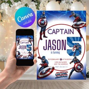 Captain America Birthday Invitation Editable Canva Template,Superhero Birthday Invitation Editable Template, Superhero Captain America