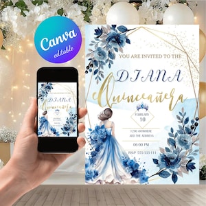 Quinceañera Invitation, Blue and Gold Quinceanera Invitation, Editable Quinceañera Favors Template, Editable 15th Birthday Digital Invite