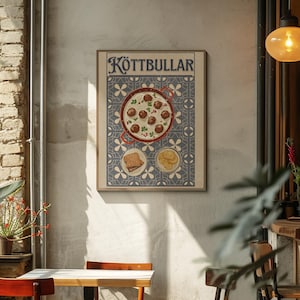 Download digital de almôndegas suecas de Kottbullar - Arte de parede de comida vintage aconchegante para cozinha e jantar - Coleção Fika & Feast