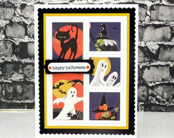 Halloween Card, Happy Halloween Card, Halloween Collage Card, Witch, Ghost, Black Cat, Non Scary Halloween, Blank Halloween Card,