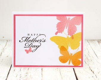 Moederdagkaart, Vlindermoederdagkaart, lentevlinders, roze oranje en gele moederdagkaart
