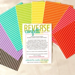 May include: A set of 18 colorful cardstock panels with a repeating heart pattern. The panels are 3.25 inches by 4.5 inches and are perfect for card making, scrapbooking, and other paper crafting projects. The text on the card reads "Reverse Confetti - Design Co."