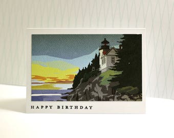 Vintage Lighthouse Birthday Card, Maine Lighthouse Birthday Card, Vintage Travel Birthday Card, 1950's Inspired Maine Birthday Card