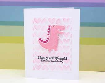 I Love You This Much, Dinosaur Love Card, Dinosaur Valentine Card, Pink Dinosaur Love Card, Blank Love Card, I Love You Card,