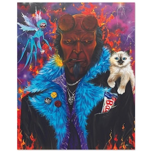 May include: An artistic painting featuring a red-skinned character with horns, a blue fur-trimmed coat, and a lit cigar. A small cat with blue eyes sits on the character's shoulder. A blue fairy and flames are in the background.