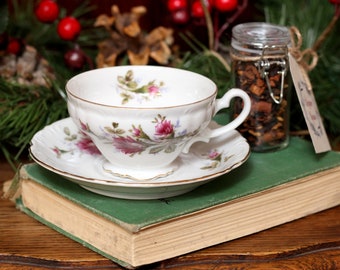 Vintage Rose Teacup and Saucer Set with Holiday Spice Tea