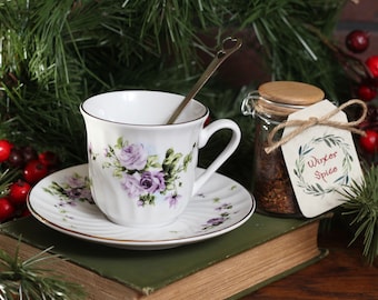 Purple Rose Vintage Teacup and Saucer Set with Holiday Spice Tea
