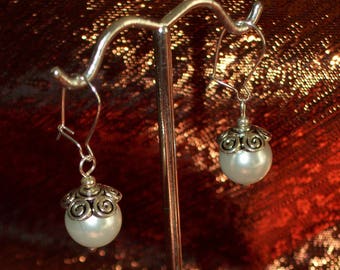 Silver Capped Glass White Pearl Earrings