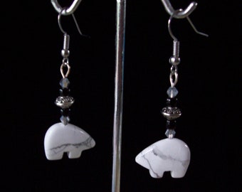 White Howlite and Silver Zuni Bear Earrings