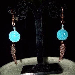 Swirled Turquoise Glass and Copper Wing Earrings