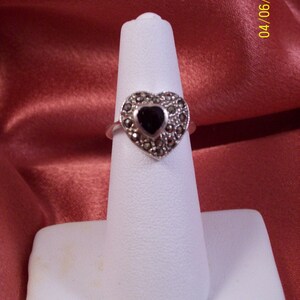 Vintage Onyx and Marcasite Sterling Silver Heart Ring