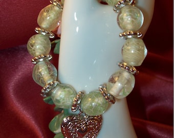 Vert tourbillonnait verre perle coeur en argent Bracelet extensible