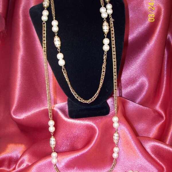 Vintage Sarah Coventry Long Pearl and Goldtone Necklace FREE S\/H