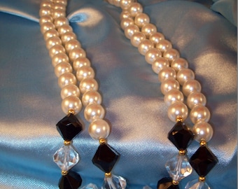 Vintage Double Strand Faux Pearl Jet and Crystal Necklace