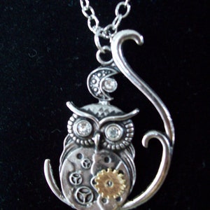 Steampunk Rhinestone Eyed Owl Pendant Necklace