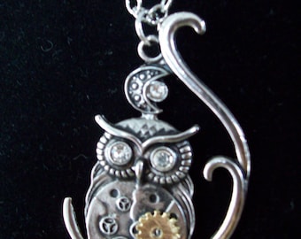 Steampunk Rhinestone Eyed Owl Pendant Necklace