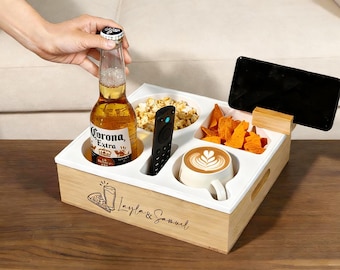 Personalized Couch Butler Snack Tray, Bamboo Sofa Snack Bar with Silicone Insert, Couch Bar with Drink Holders, Custom Gift for Him Her