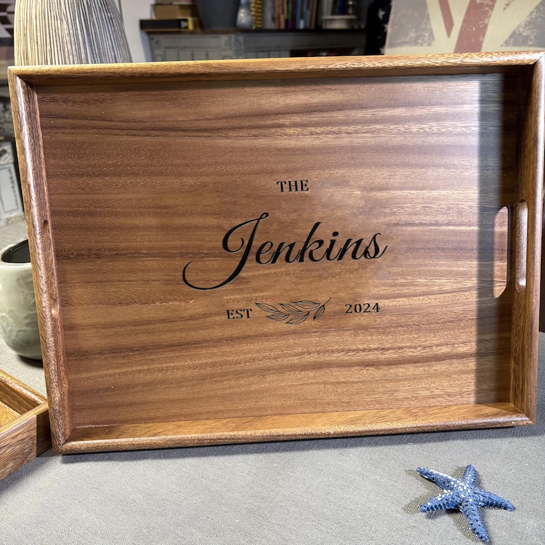 Wood Serving Tray, Personalized Engraved Walnut Tray with Handles, Custom Breakfast Tray, Wedding Gift, Bridal Shower Gift,Housewarming Gift