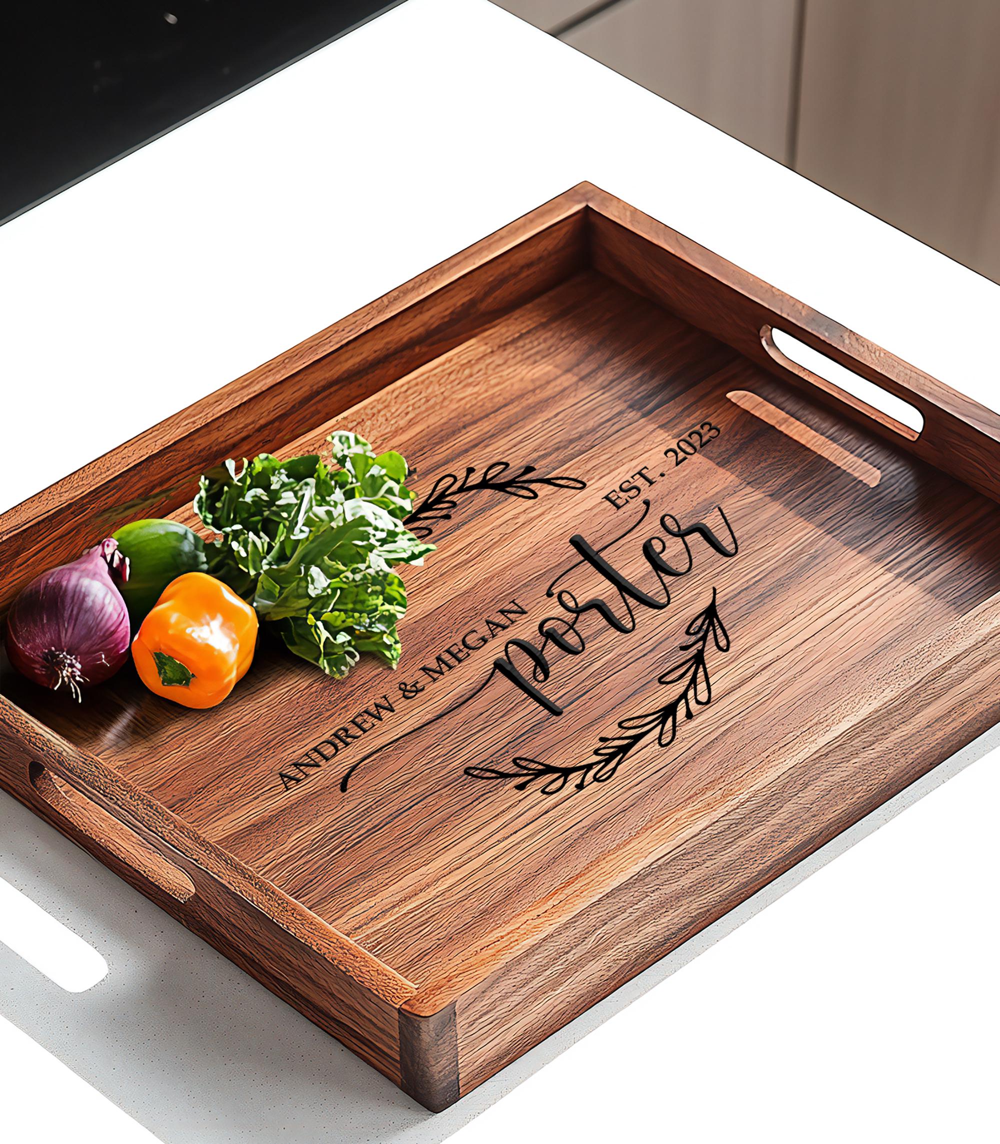 Personalized Walnut Wood Serving Tray with Handles: Engraved Coffee Table Decor