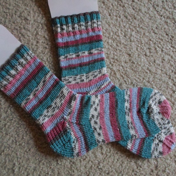 Socks - Hand knitted Socks - Socks for Unisex - Size 7 US Women - Mixed Colors in Self-Striping Acrylic/Viscose Yarn