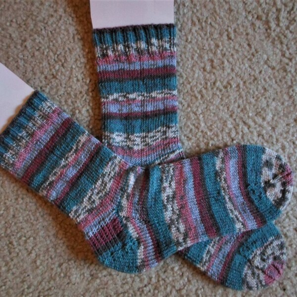 Socks - Hand knitted Socks - Socks for Unisex - Size 5 US Women - Mixed Colors in Self-Striping Acrylic/Viscose Yarn