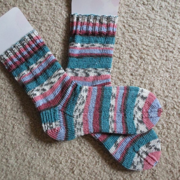 Socks - Hand knitted Socks - Socks for Unisex - Size 7 US Women - Mixed Colors in Self-Striping Acrylic/Viscose Yarn