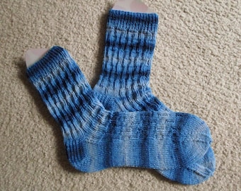 Socks - Hand Knitted Socks - Mixed Colors Light Blue to Dark Blue - Size 9 US Women