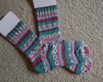 Socks - Hand knitted Socks - Socks for Unisex - Size 7 US Women - Mixed Colors in Self-Striping Acrylic/Viscose Yarn