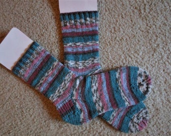 Socks - Hand knitted Socks - Socks for Unisex - Size 5 US Women - Mixed Colors in Self-Striping Acrylic/Viscose Yarn