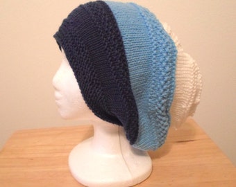 Slouchy Hat - Handknitted Hat in Navy Blue, Light Blue and White - Size XXL