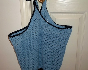 Market Bag / Beach Bag Made of Cotton Yarn in Light Blue and Navy Blue