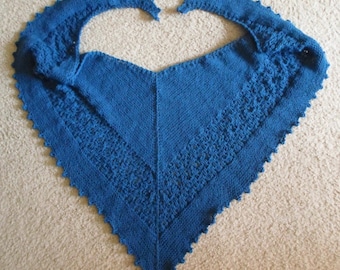 Hand knitted Shawl - Hand knitted Wrap - Triangle Shawl with Lace Border - Color Azure Blue